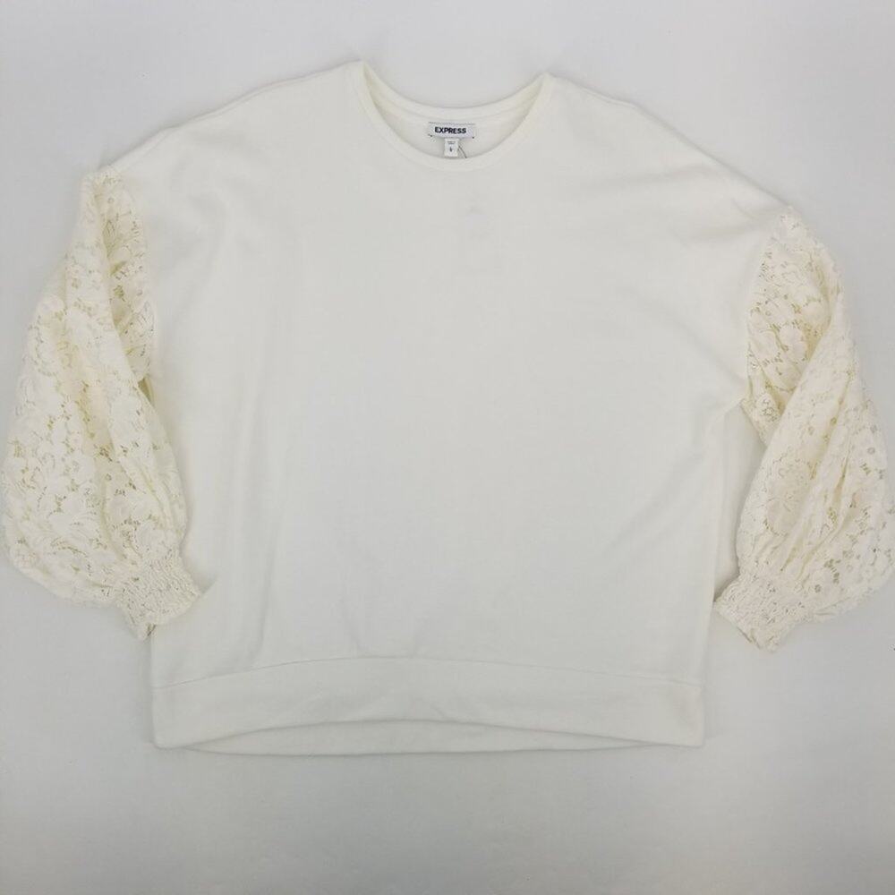Express Lace Blouson Sleeve Sweatshirt Womens L Cream Relaxed‎ Pullover Crew NWT